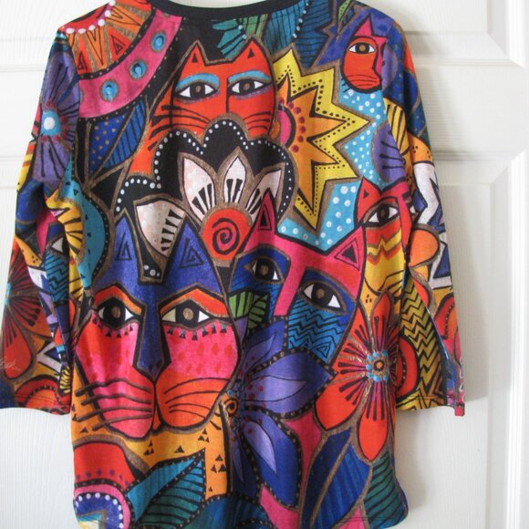 Laurel Burch Top Blouse Large EUC Colorful Cats Cat 3/4 Sleeve FINAL - Picture 4 of 5